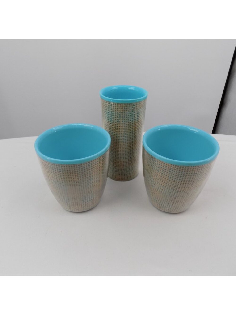 Lot of 3 Raffiaware Cups Tumbler Blue Turquoise Aqua Teal Mid Century Plastic